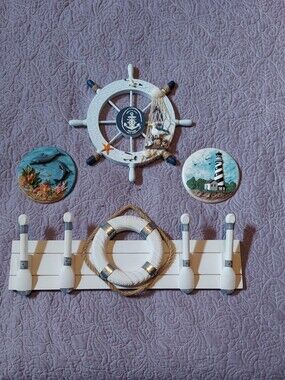 LIKE NEW 4 Pc.Nautical Set - Wall Rack W/ Life Ring, Ship Wheel & Marine Plaques